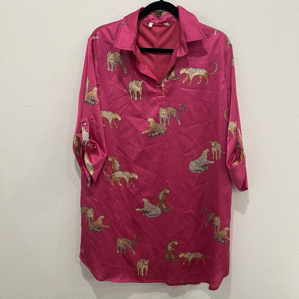 ENTRO Hot Pink Satin Cheetah Tunic Mini Dress SZ L Leopard Party Vacation Retro